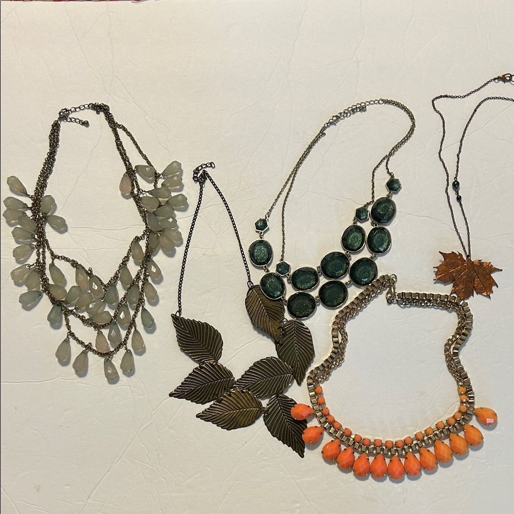 Bundle of 5 Necklaces Costume Jewelry Statement Pieces Leaves Beads Layering